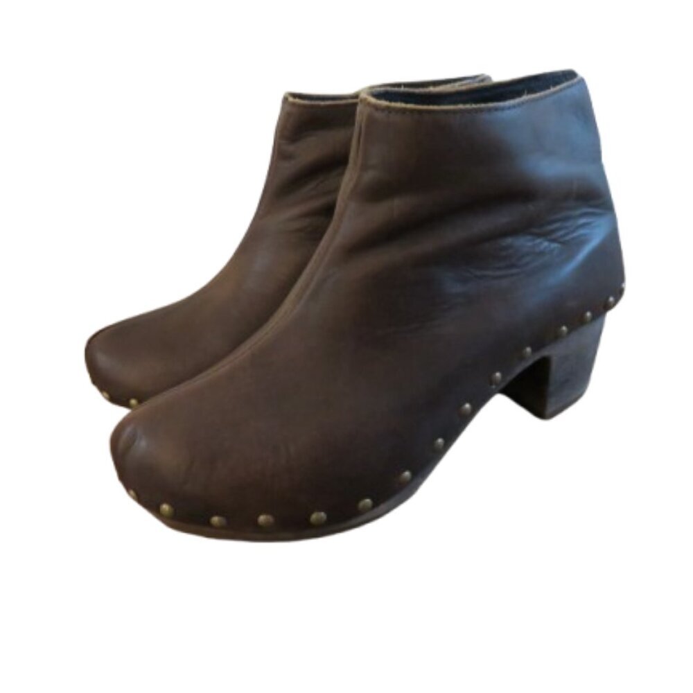 BOSABO Brown Leather Studded Clog Booties Boots Grandma Boho - Size US 6